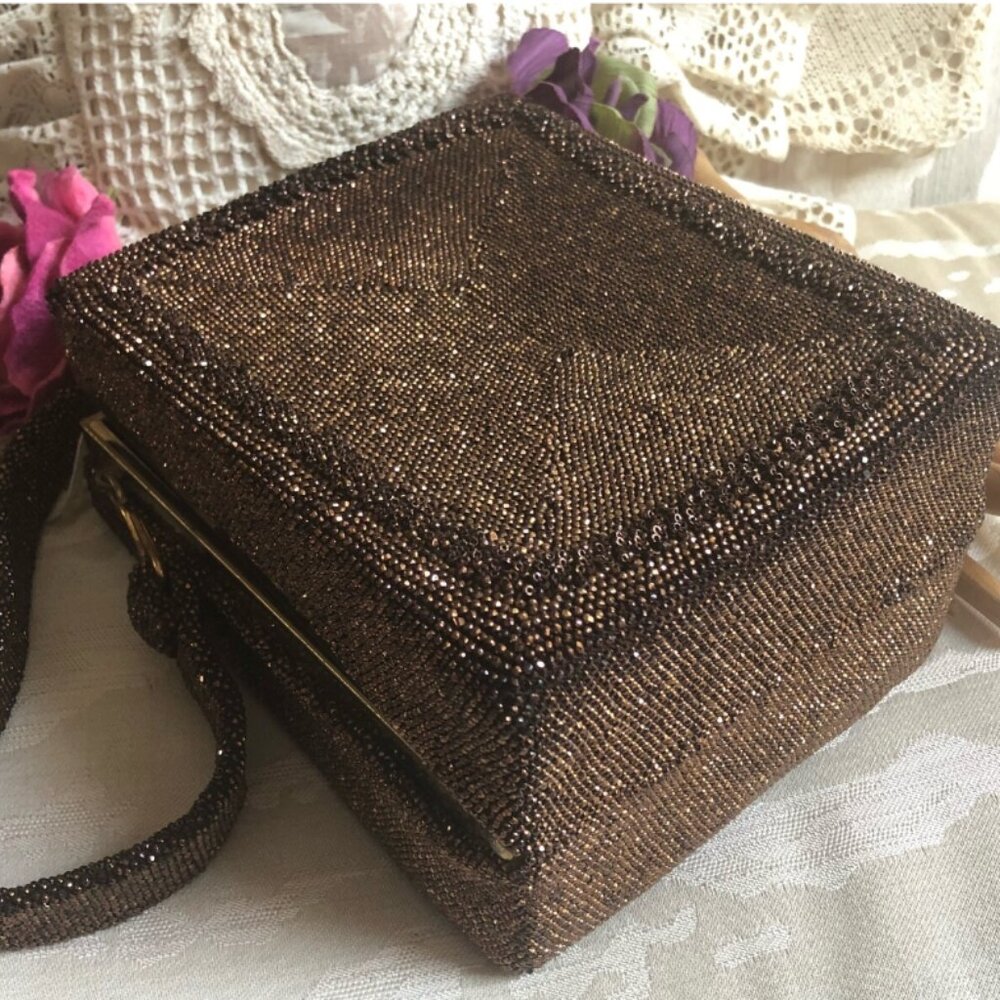 Vintage DU BONNETTE Mid Century Coppery Brown Beaded Evening Bag - Picture 5 of 13